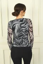 Women's Asymmetrical Neckline, Gathered Waist, Snake Pattern Tulle Blouse