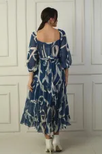 Madonna Yaka Astarlı Çapraz Bağlamalı Soyut Desen Kruvaze Şifon Elbise