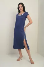 Kadın Madonna Yaka Biye Detaylı Yırtmaçlı Kristal Uzun Elbise