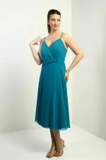 Women's Strappy Wrap Neckline Lined Lace-Up Back Flared Chiffon Dress