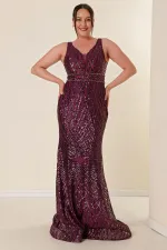 Robe longue à sequins grande taille pour femme, col en V, doublure, détails perlés