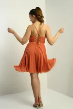 Kadın İp Askılı Arkası Bağlamalı Önü Pencereli Astarlı Şifon Kısa Kloş Elbise