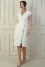 Kadın Kruvaze Yaka Yarım Ay Kollu Taş Detaylı Önü Yırtmaçlı B.B. Elbise