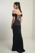 Kadın Straplez Düşük Kollu Astarlı Balenli Saten Uzun Elbise