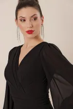 Wrap Neckline, Gathered Front, Lined Long Chiffon Dress