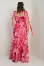 Robe longue en crêpe mousseline à motif de feuilles, grande taille, col en V, épaules dénudées, bretelles nouées, doublée