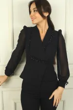 Women's Double-Breasted Crepe Jacket with Lined Sleeves and Chiffon Bead Details