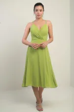 Women's Strappy Wrap Neckline Lined Lace-Up Back Flared Chiffon Dress