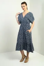 Kadın Ön Arka V Yaka Yarasa Kollu Mini Çiçekli Cepli Fırfırlı Elbise