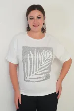 Women's Short Batwing Sleeve Plus Size Blouse with Stone Details and Rose Pattern, Lycra