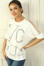 Women's Off-Shoulder Tulle Embroidered Blouse with Rhinestone and Lettering on the Front, Wide Fit