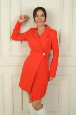 Double-breasted collar pleated detail jacket dress