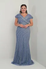 Women's Front and Back V-Neck Stone Print Lined Plus Size Fishtail Dress