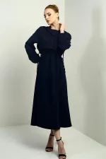 Women's Button-Down Detachable Vest, Elastic Waist, Long-Sleeved Midi Dress