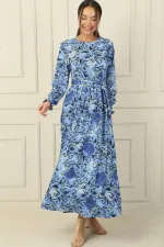 Beli Kuşaklı Gül Desenli Kol Uçları Büzgülü Gofre Uzun Elbise