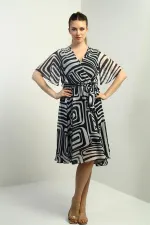 Women's Wrap Neckline Belted Lined Geometric Pattern Chiffon Dress