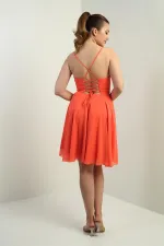 Women's Strappy, Back-Tie, Front-Opening, Lined Chiffon Short Flared Dress