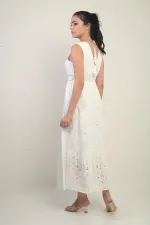 Women's Front and Back V-Neck Beaded Lined Midi Dress