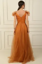 Ön Arka V Yaka İp Askılı Düşük Kollu Önü Taş Detaylı Astarlı Uzun Tül Elbise