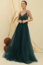 Long Tulle Dress with Rope Straps, Guipure Bead Detail and Lining