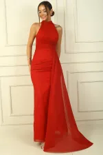 Boyunlu Eteği Mendilli Astarlı Simli Uzun Abiye Elbise