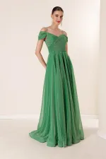 Strappy, Dropped Sleeve, Lined, Wide-Sized, Long, Glittery Dress