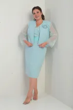 Kadın Kruvaze Yaka Beli Drapeli Elbise Kolları Tül Ceket Astarlı Pul Detaylı Büyük Beden 2'li Takım