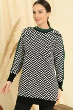 Zikzak Desen Yaka Ve Kol Uçları Şeritli Rahat Kalıp Triko Tunik