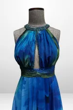 Kadın Önü Drapeli Astarlı Boncuk Detaylı Çiçekli Uzun  Şifon Elbise