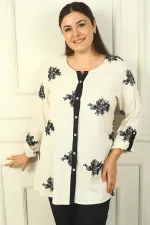 Chemise en lin brodée BB pour femme, manches repliées