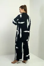 Women's Side Slit Tunic Shirt, Elastic Waist Pocketed Paazzo Pants, Brush Pattern Oversize 2-Piece Set