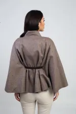 Kadın Tek Düğmeli Beli Kemerli Kaşe Panço