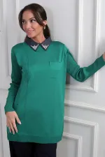 Kadın Taşlı Gömlek Yaka Tunik Triko Bluz