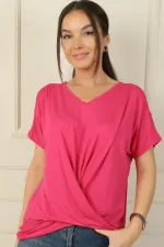 Women's V-Neck Off-Shoulder Knot Front Short Batwing Sleeve Viscose Blouse