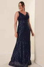 Robe longue à sequins grande taille pour femme, col en V, doublure, détails perlés