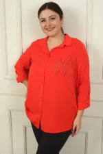 Women's Plus Size Crepe Satin Shirt with Folded Sleeves and Stone Details