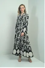 Robe longue hijab pour femme, col mandarin, boutons sur le devant, poignets élastiqués, motif châle