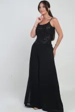 Pantalon palazzo en mousseline doublée, taille élastique, bordure latérale à sequins, pour femme