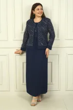 Women's Beaded and Sequin Embellished Tulle Jacket, Half-Moon Sleeve Long Dress, Lined, Plus Size Two-Piece Set