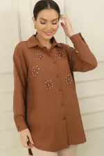 İnci-Taş Detaylı Keten Efekt Gömlek