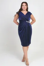 Women's Wrap Neckline Double Stone Detail Lined Half-Moon Sleeved Lycra Plus Size Glitter Dress