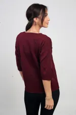 Kadın V Yaka Baklava Desenli Yarım Kol Simli Bluz