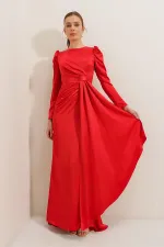 Long-sleeved satin dress with pleat detail at the front and lining.