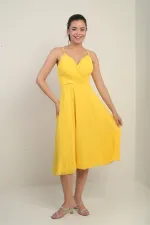 Women's Strappy Wrap Neckline Lined Lace-Up Back Flared Chiffon Dress