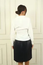Wrap Collar, Cuff Button Detail Crepe Satin Blouse
