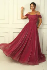 Strappy, Dropped Sleeve, Beaded Detail, Lined, Glittery Long Dress