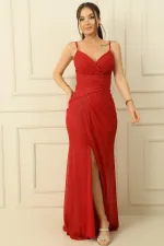 İp Askılı Önü Büzgülü Taşlı Elbise