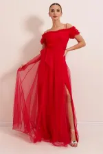 Straped Madonna Collar Front Slit Lined Tulle Long Dress