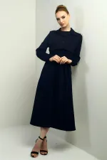 Women's Button-Down Detachable Vest, Elastic Waist, Long-Sleeved Midi Dress