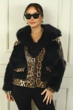 Kadın Leopar Kumaş Detaylı Cepli İçi Astarlı Kürk Ceket